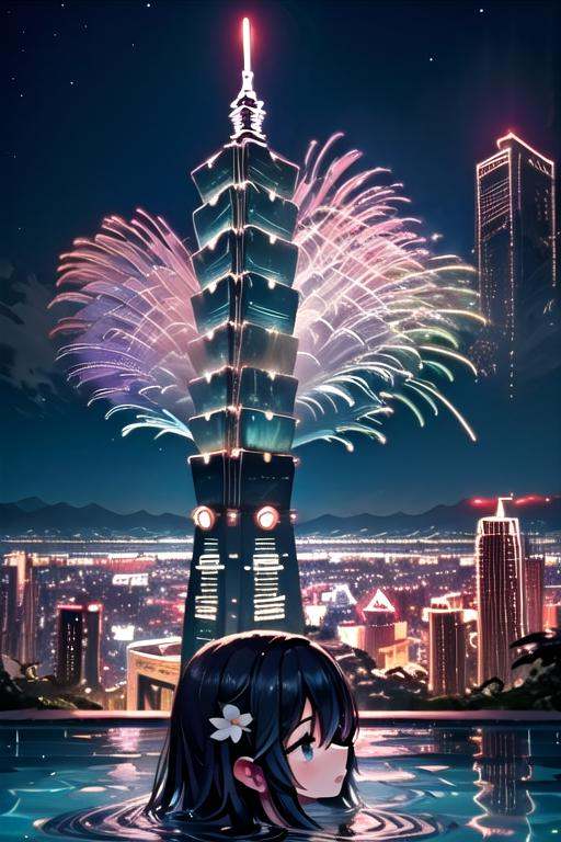 ((rooftop pool)),  ((colorful aerial fireworks)),  taipei_101 on Tensor.Art