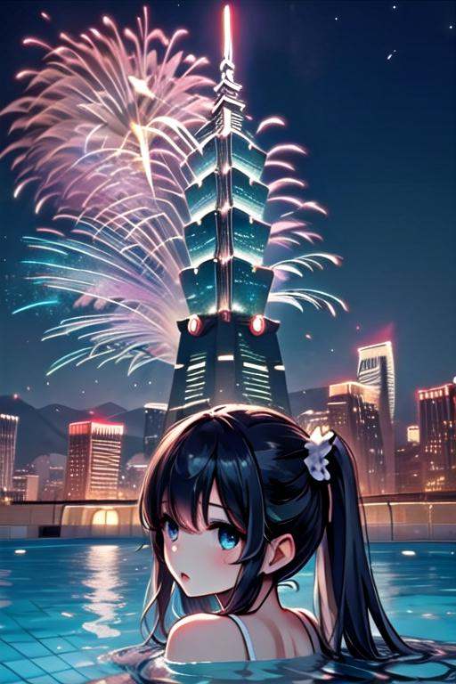 ((rooftop pool)),  ((colorful aerial fireworks)),  taipei_101 on Tensor.Art