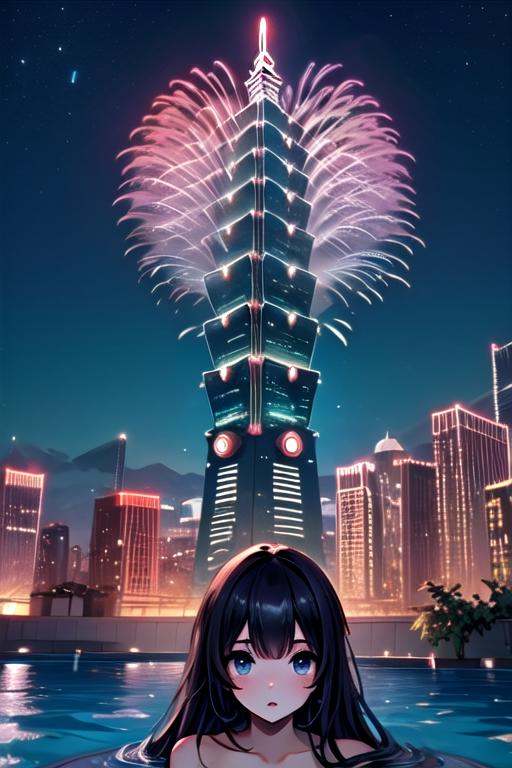 ((rooftop pool)),  ((colorful aerial fireworks)),  taipei_101 on Tensor.Art