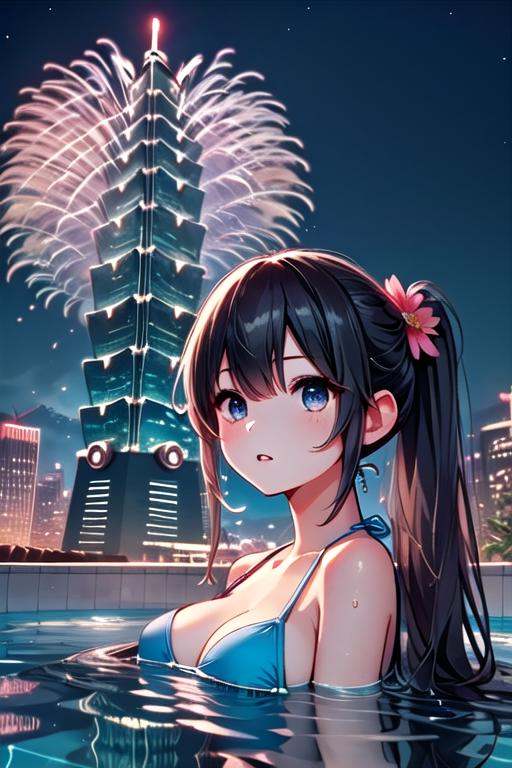 ((rooftop pool)),  ((aerial fireworks)),  taipei_101 on Tensor.Art