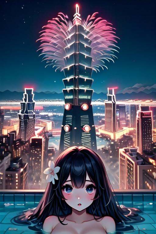 ((rooftop pool)),  ((colorful aerial fireworks)),  taipei_101 on Tensor.Art