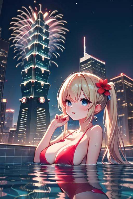 ((rooftop pool)),  ((aerial fireworks)),  taipei_101 on Tensor.Art