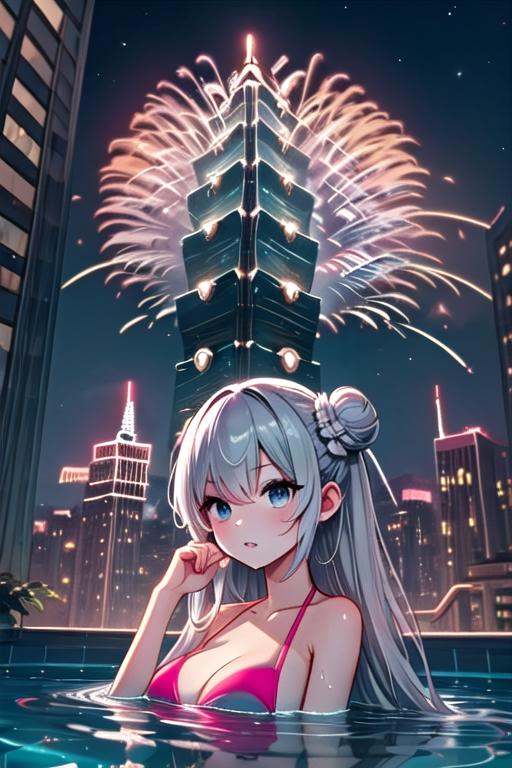 ((rooftop pool)),  ((aerial fireworks)),  taipei_101 on Tensor.Art