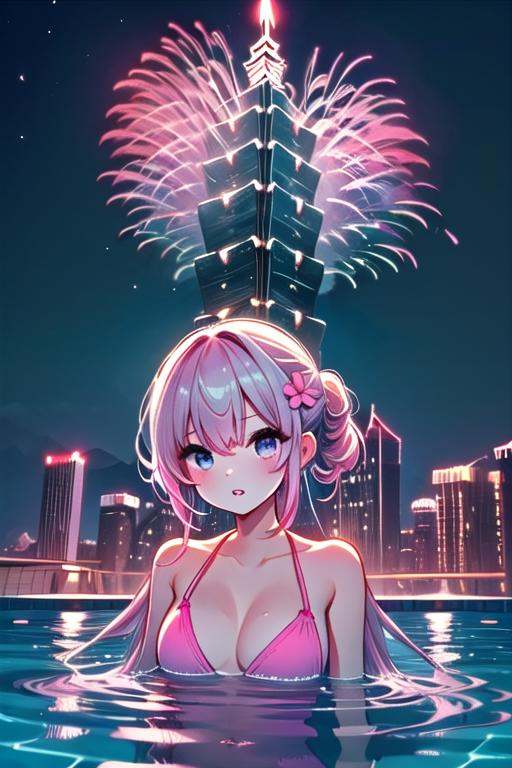 ((rooftop pool)),  ((aerial fireworks)),  taipei_101 on Tensor.Art