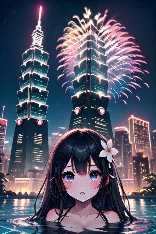 ((rooftop pool)),  ((aerial fireworks)),  taipei_101 on Tensor.Art