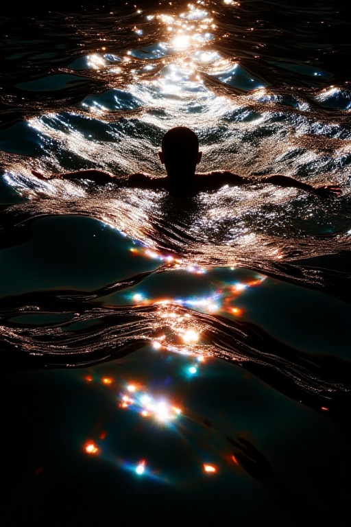 The image depicts a silhouette of a person swimming in the water,  captured in a way that highlights the dynamic movement...