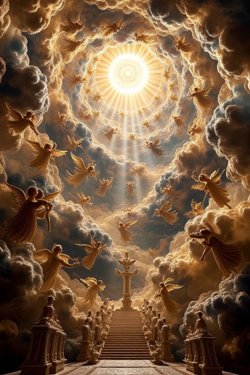 The image depicts a celestial scene with a radiant sun at the center,  surrounded by swirling clouds and numerous angelic...