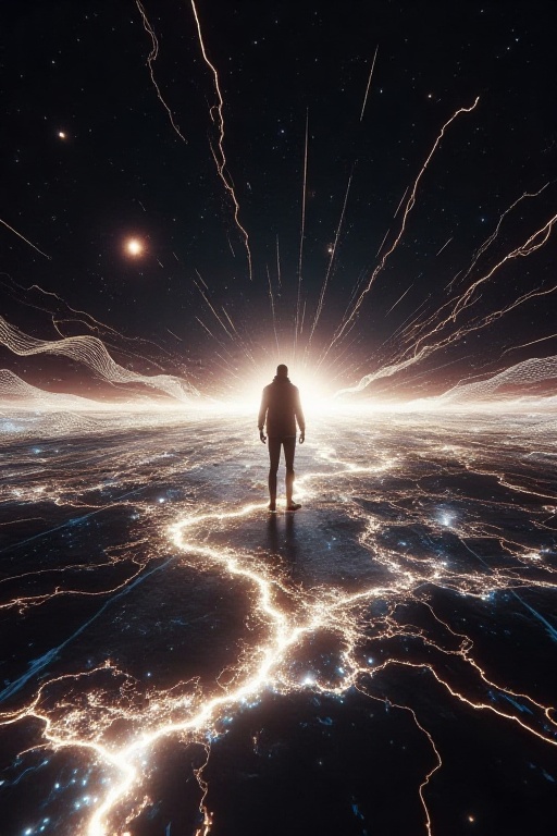 The image depicts a solitary figure standing in what appears to be a vast,  starry expanse. The figure is silhouetted agai...