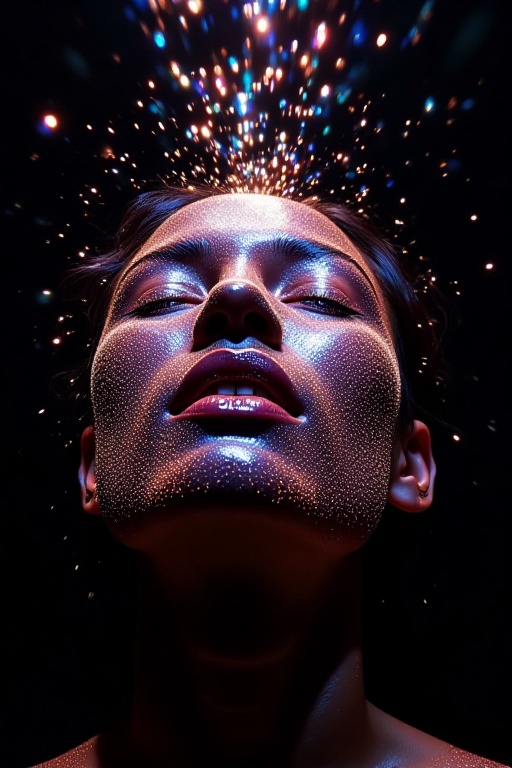 The image depicts a close-up of a human face,  illuminated by a multitude of colorful lights and sparkles. The face is par...
