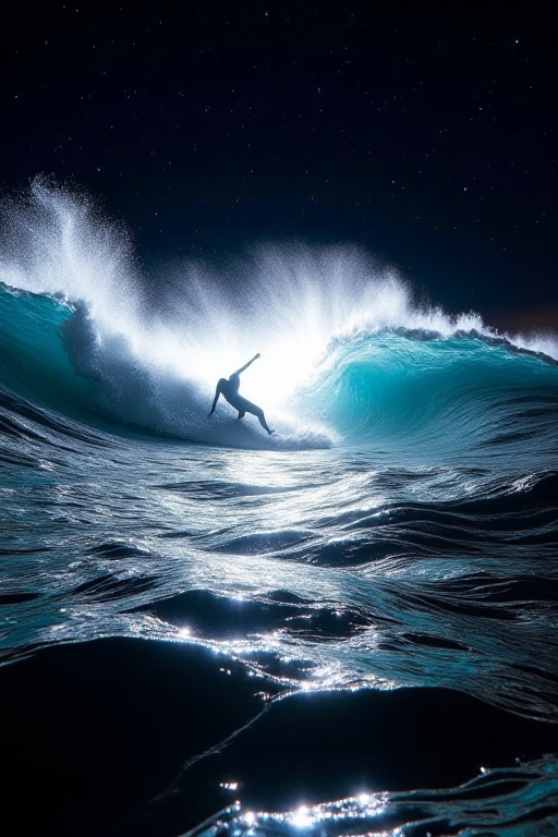 The image depicts a person surfing on a large wave under a starry night sky. The water is illuminated with a bright,  almo...