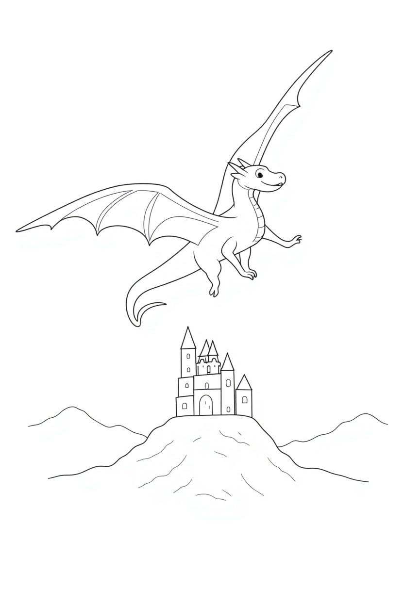 coloring page,  a dragon flying over a castle on a hilltop on Tensor.Art