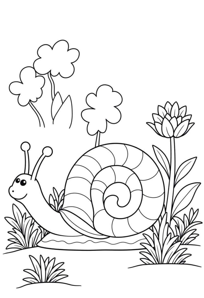 Create a monochrome coloring page (act1vate!) depicting a whimsical garden scene,  defined by exceptionally bold,  clean o...