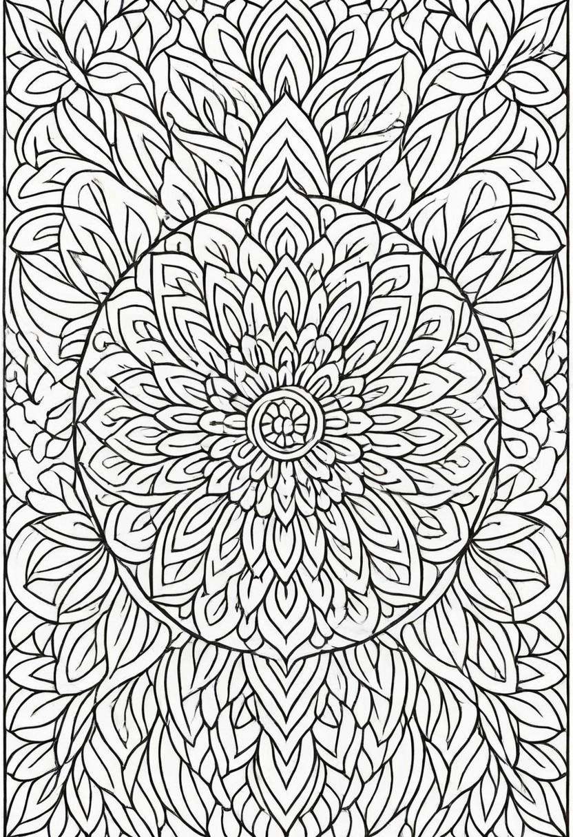 coloring page,  A detailed mandala pattern with intricate floral and geometric motifs radiating from the center,  symmetri...