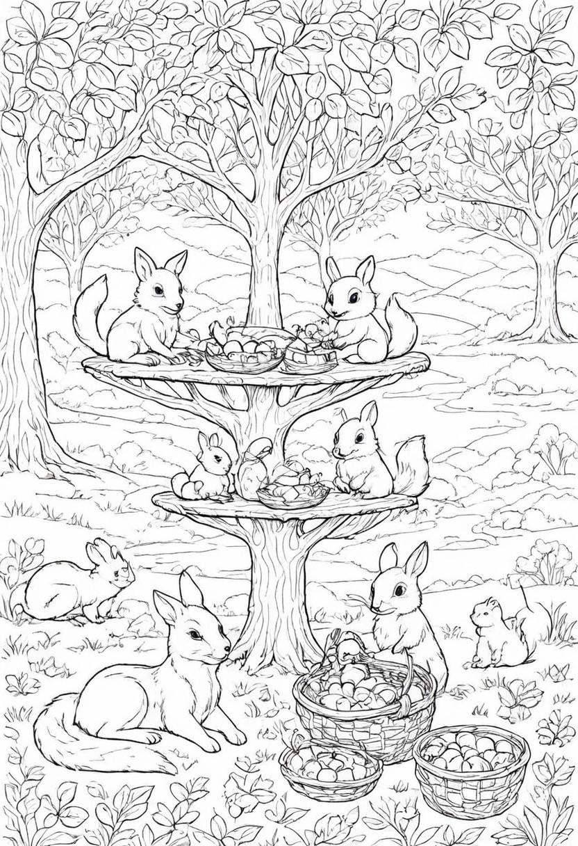 coloring page,  A group of cute woodland creatures (fox,  rabbit on Tensor.Art