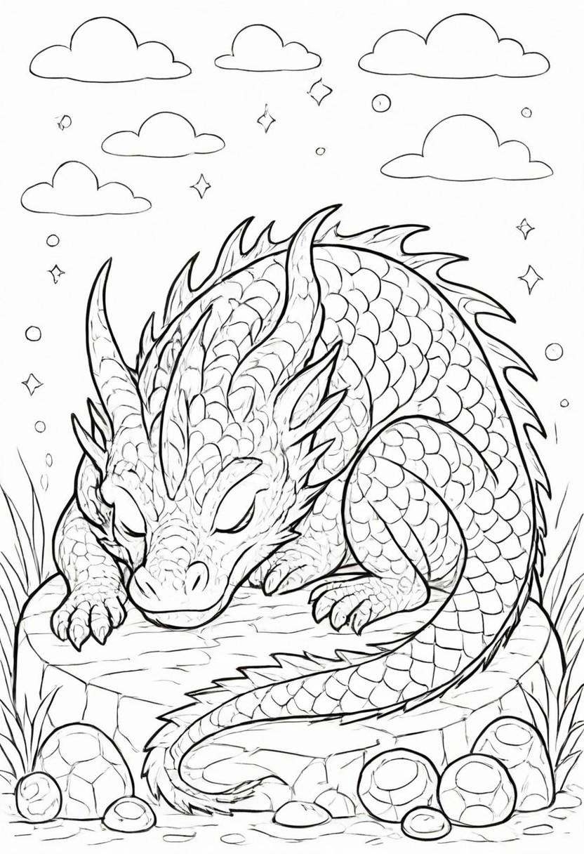 coloring page,  A friendly dragon curled up asleep on a pile of oversized,  sparkling gems on Tensor.Art