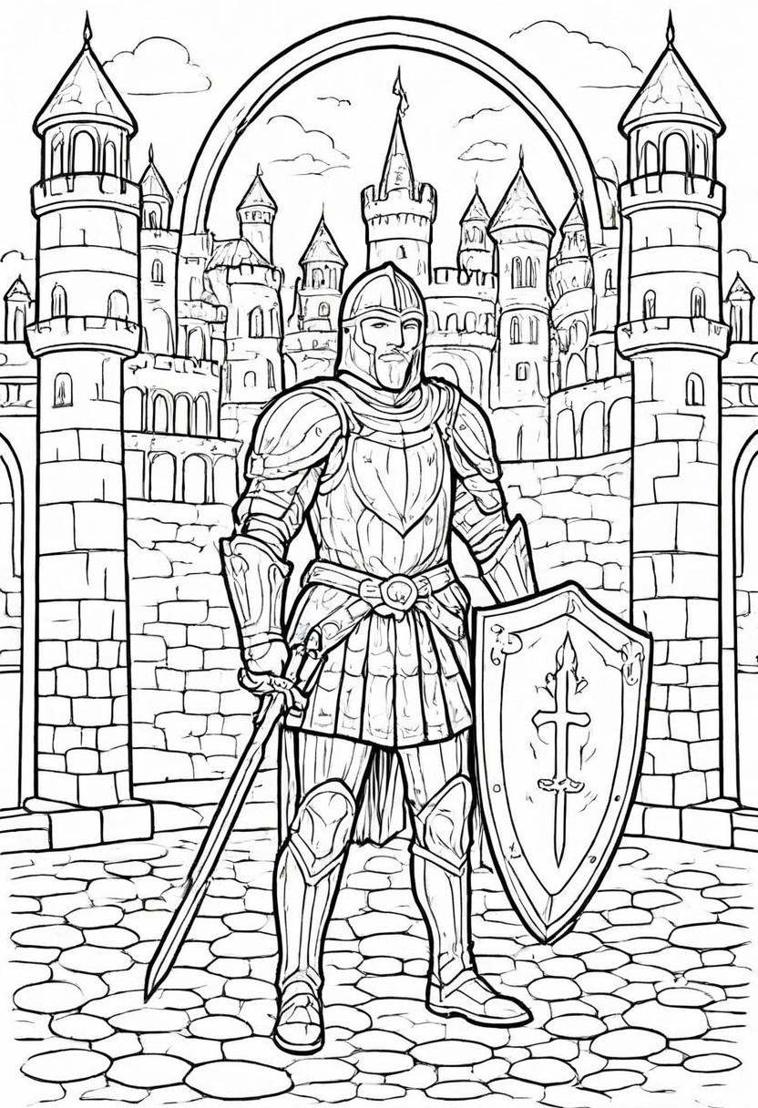 coloring page,  A brave knight in shining armor standing before a castle gate,  shield and sword visible on Tensor.Art