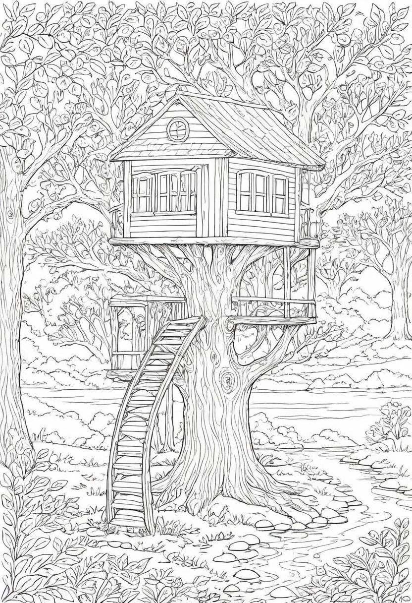 coloring page,  A whimsical treehouse nestled in the branches of a giant,  ancient oak tree on Tensor.Art