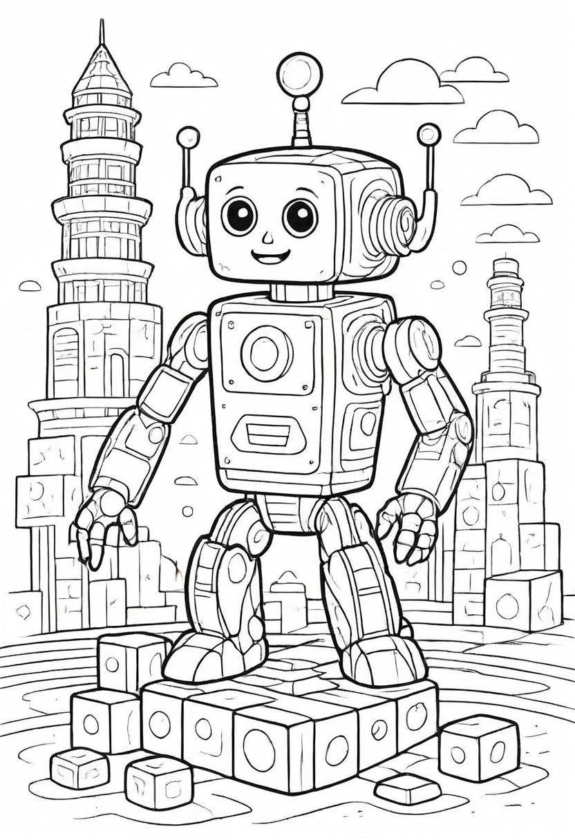 coloring page,  A playful robot building a tower out of large geometric blocks,  clear shapes on Tensor.Art