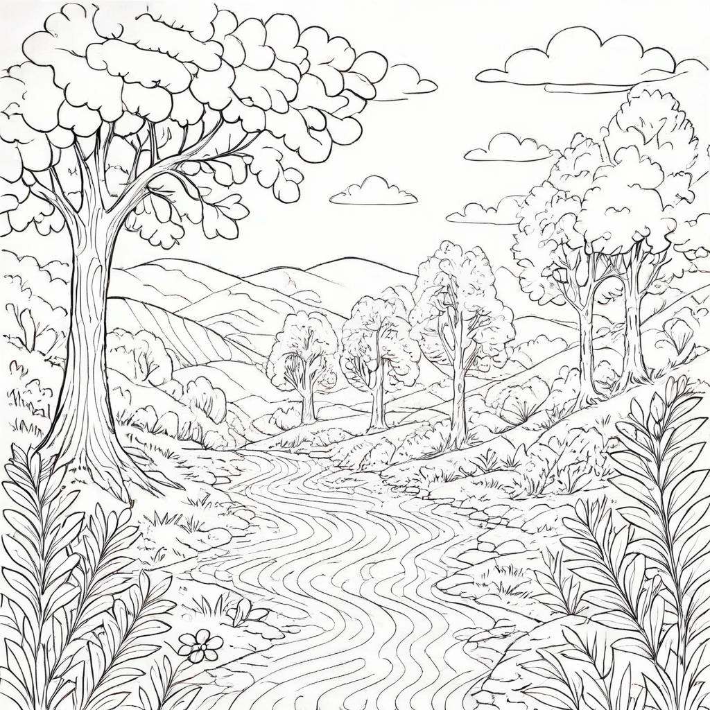 coloring page,  a landscape scenery of hills on Tensor.Art