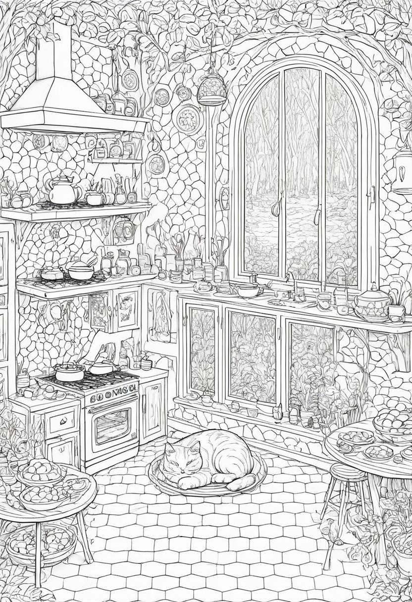 coloring page,  A cozy kitchen scene with a cat napping on a windowsill next to a steaming pie,  detailed patterns on wall...