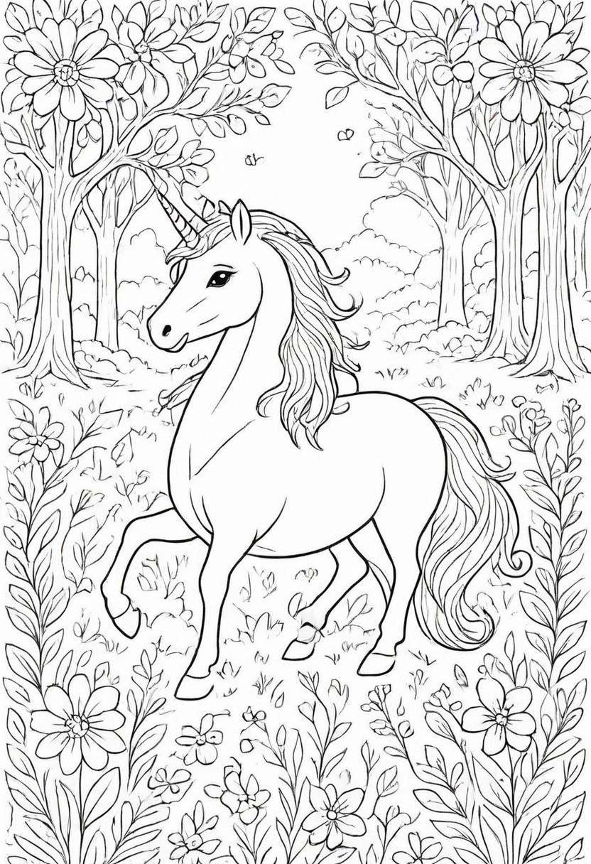 coloring page,  A magical unicorn with a flowing mane and tail standing in an enchanted forest clearing,  surrounded by fl...