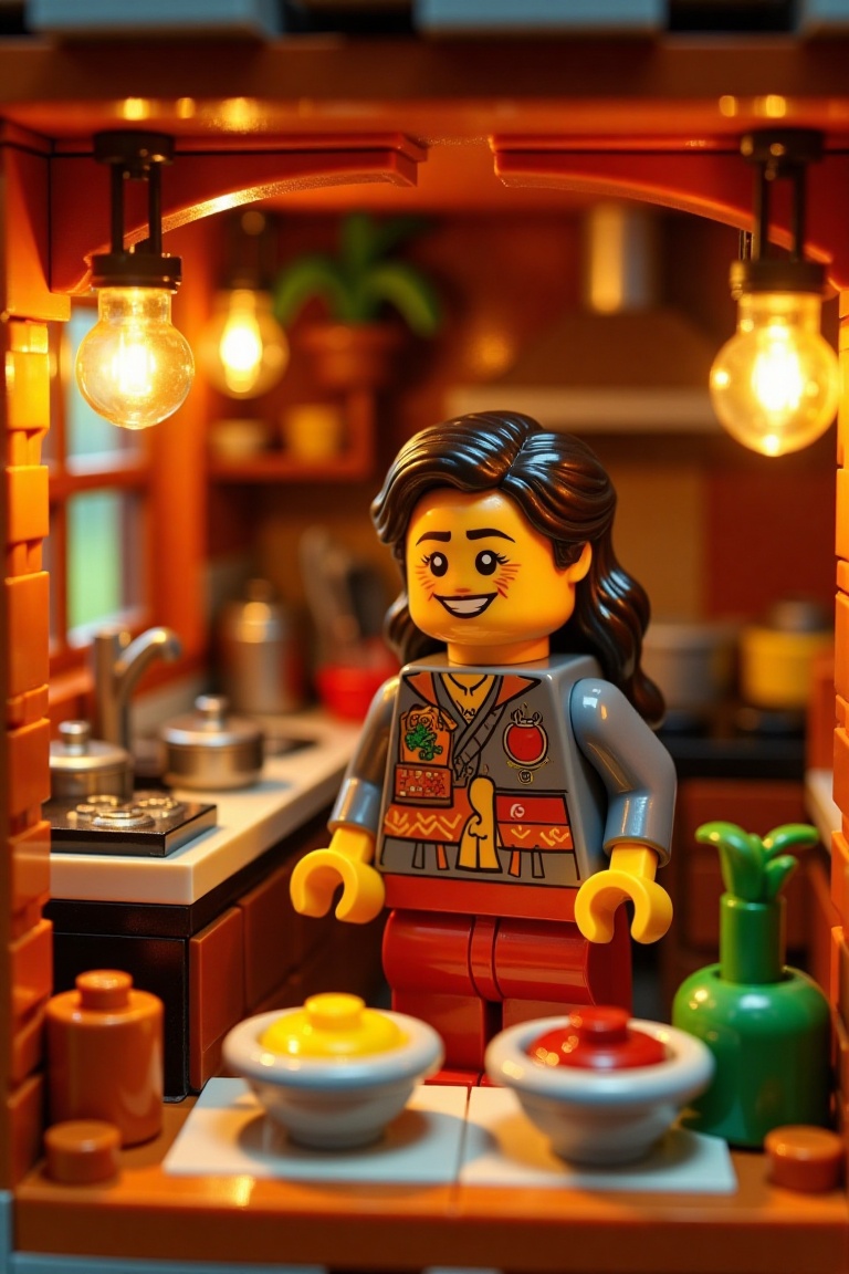 A cozy LEGO World scene featuring a cheerful Malay woman in a traditional kitchen house. The shot is framed warmly,  with...