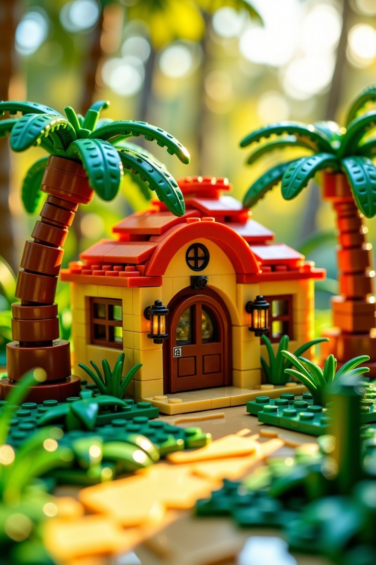 A vibrant LEGO World scene featuring a charming village house with a coconut tree. The shot is framed from a low angle,  s...