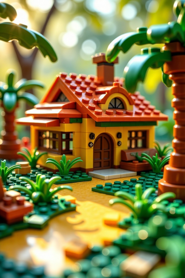 A vibrant LEGO World scene featuring a charming village house with a coconut tree. The shot is framed from a low angle,  s...