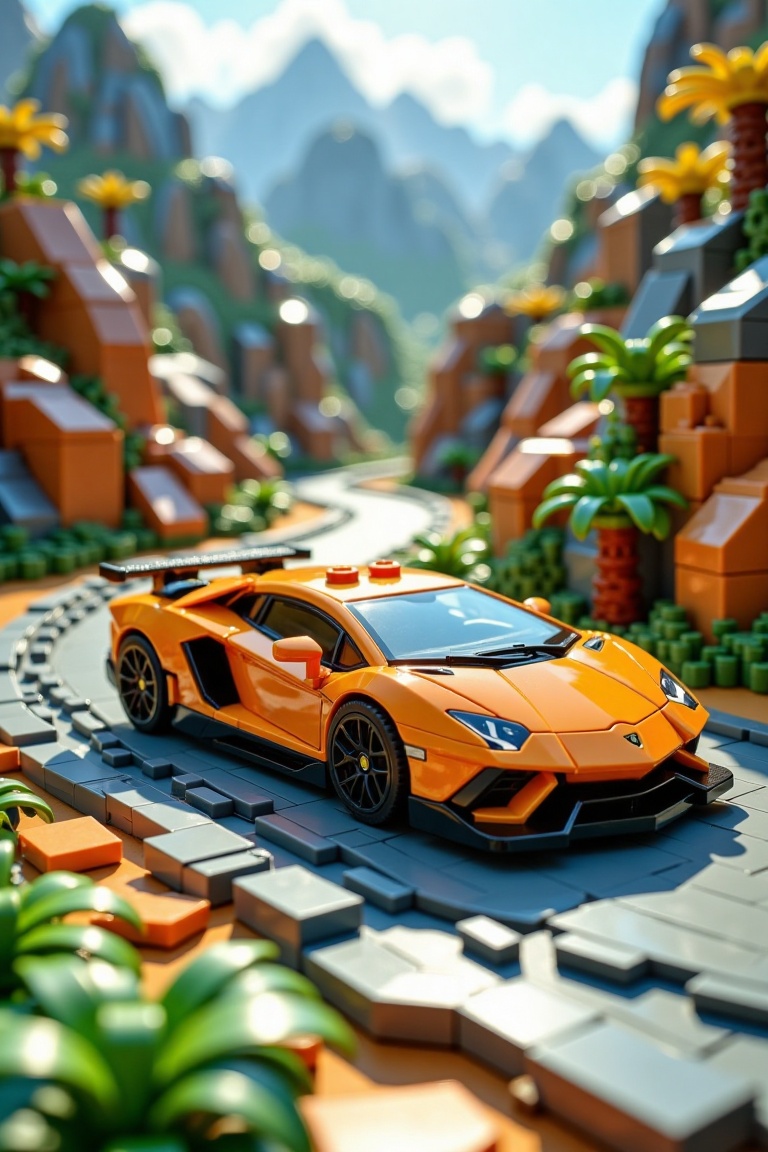 A dynamic LEGO World scene featuring a sleek Lamborghini car on a winding road. The shot is framed from a side angle,  cap...