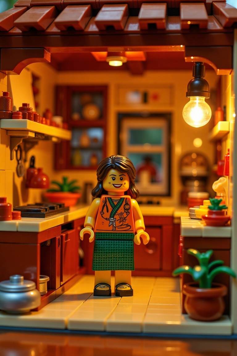 A cozy LEGO World scene featuring a cheerful Malay woman in a traditional kitchen house. The shot is framed warmly,  with...