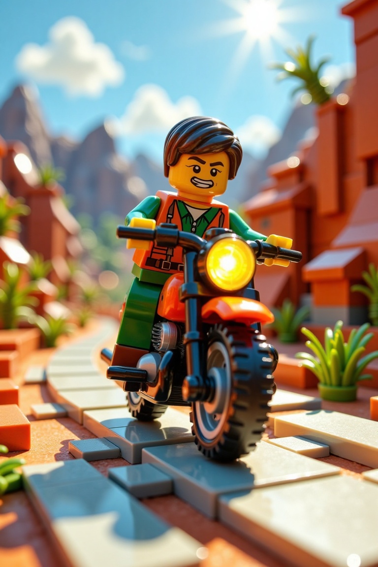 A dynamic LEGO World scene featuring a man riding a motorbike on a sunny road. The shot is framed from a low angle,  captu...
