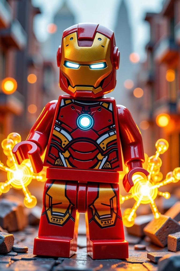 A striking LEGO World scene featuring the iconic Ironman character. Framed in a heroic composition,  Ironman stands in a p...