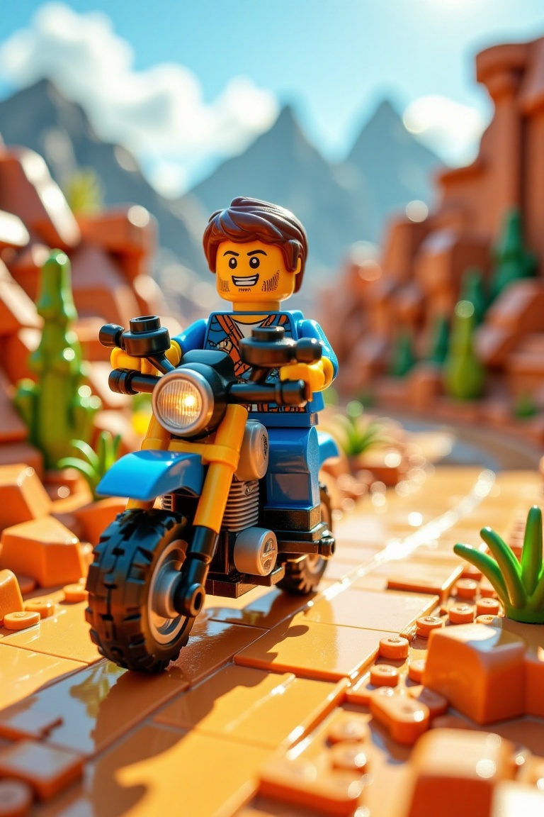 A dynamic LEGO World scene featuring a man riding a motorbike on a sunny road. The shot is framed from a low angle,  captu...