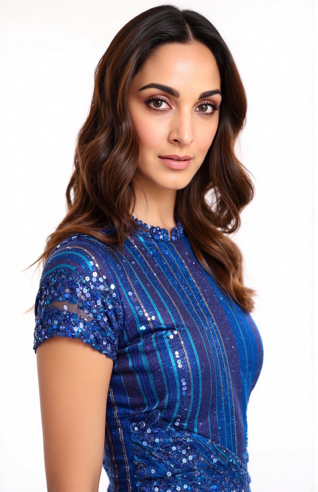 Malaikaarora woman,  perfect anatomy,  wearing a blue sequins mini dress with full sleeves and round neck on Tensor.Art