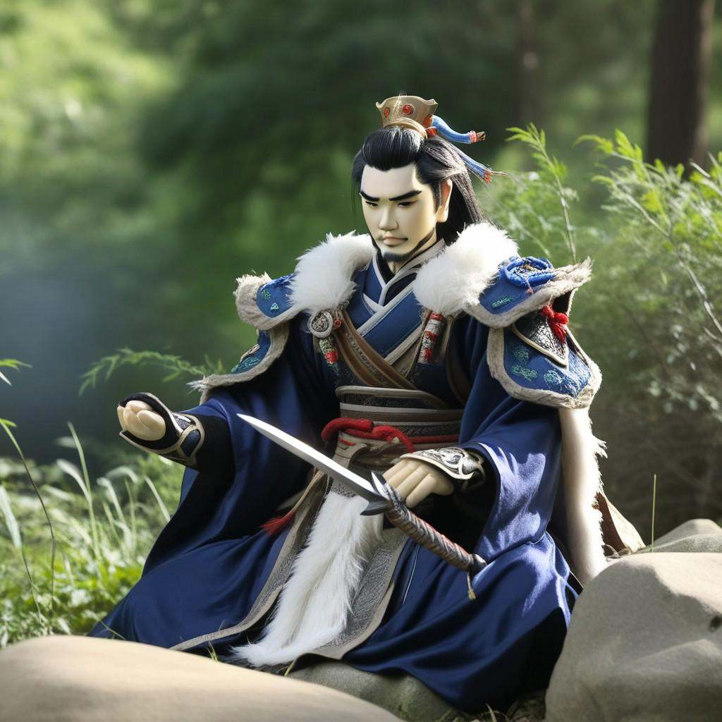 HIghly detailed photograph of a thunderboltfantasy puppet,  shang bu huan,  sitting on a rock on Tensor.Art