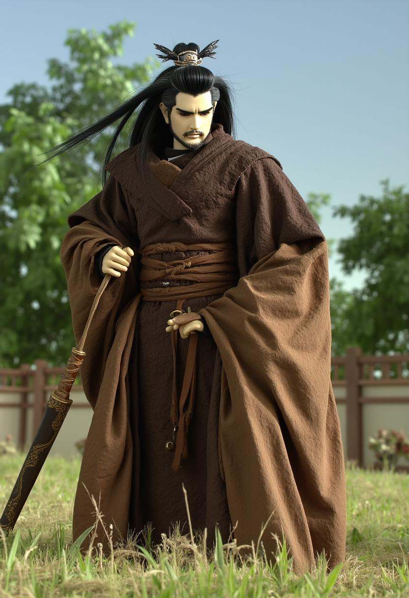 A hgh quality portrait of Shang Bu Huan a male thunderboltfantasy character standing in a sunny meadow.He has long black h...