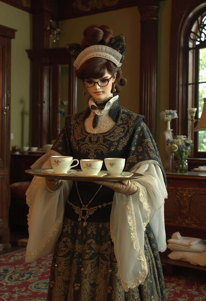 A victorian maid with glasses standing in an ornate drawing room holding a tray with teacups on it,  in thunderboltfantasy...
