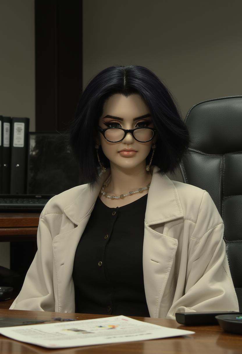 An office lady with short black hair and glasses sitting behind a desk in thunderboltfantasy style. on Tensor.Art