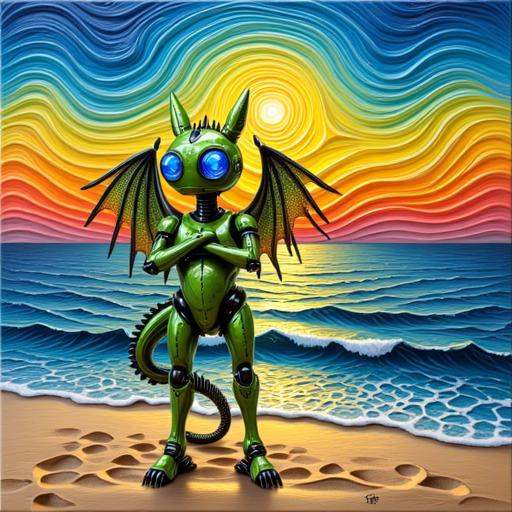 humanoid robot standing on a beach at sunset. The robot,  mounted on a square canvas. The artwork is a 3D representation o...