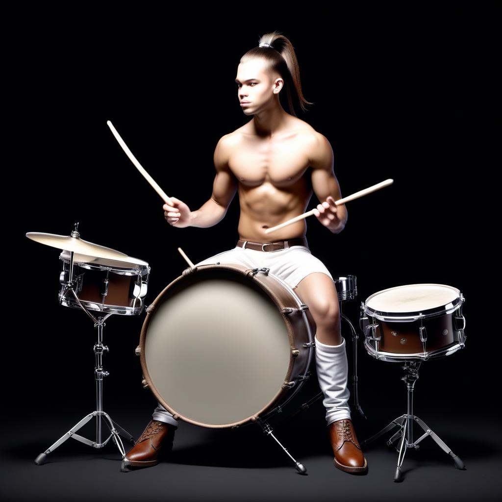 drum set,  ponytail,  black background on Tensor.Art