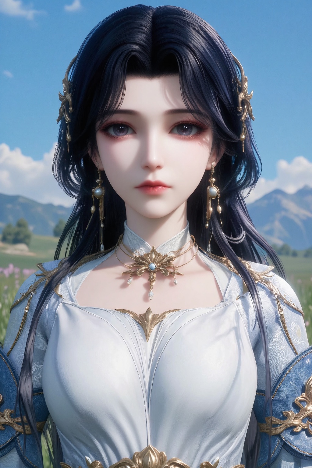 The image depicts a character with long,  dark hair adorned with golden ornaments. The character is wearing a white and bl...