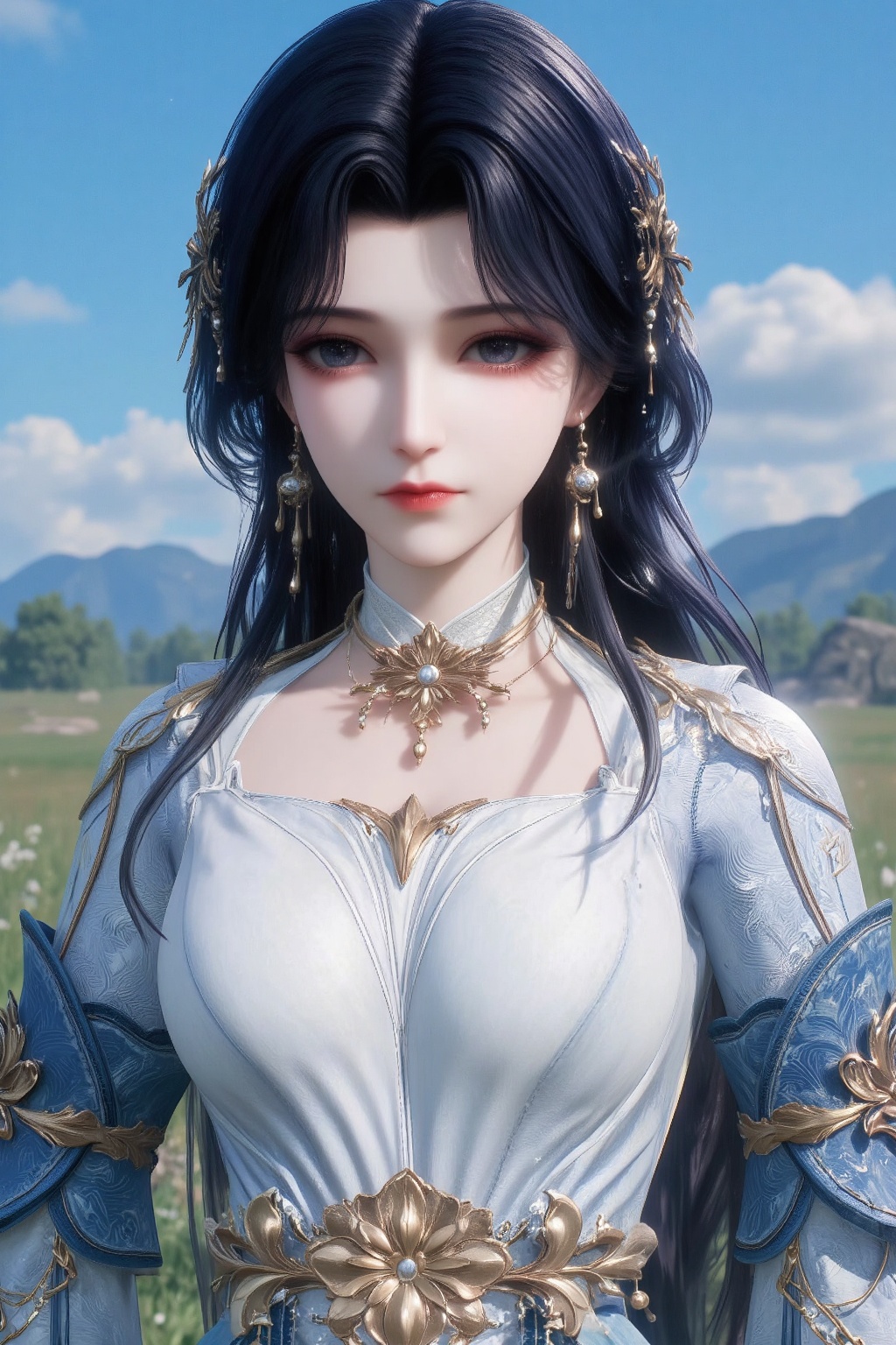 The image depicts a character with long,  dark hair adorned with golden ornaments. The character is wearing a white and bl...