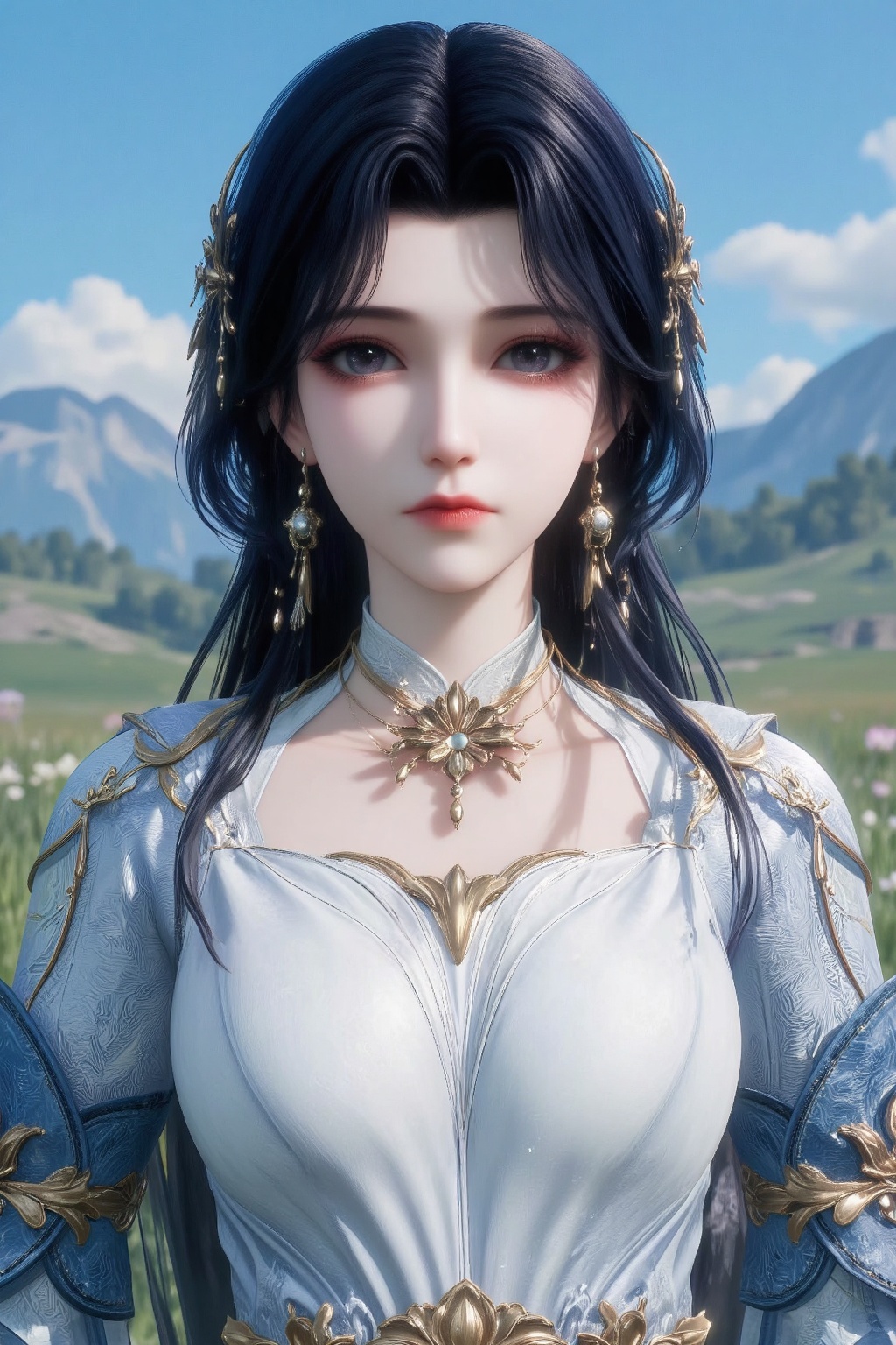 The image depicts a character with long,  dark hair adorned with golden ornaments. The character is wearing a white and bl...