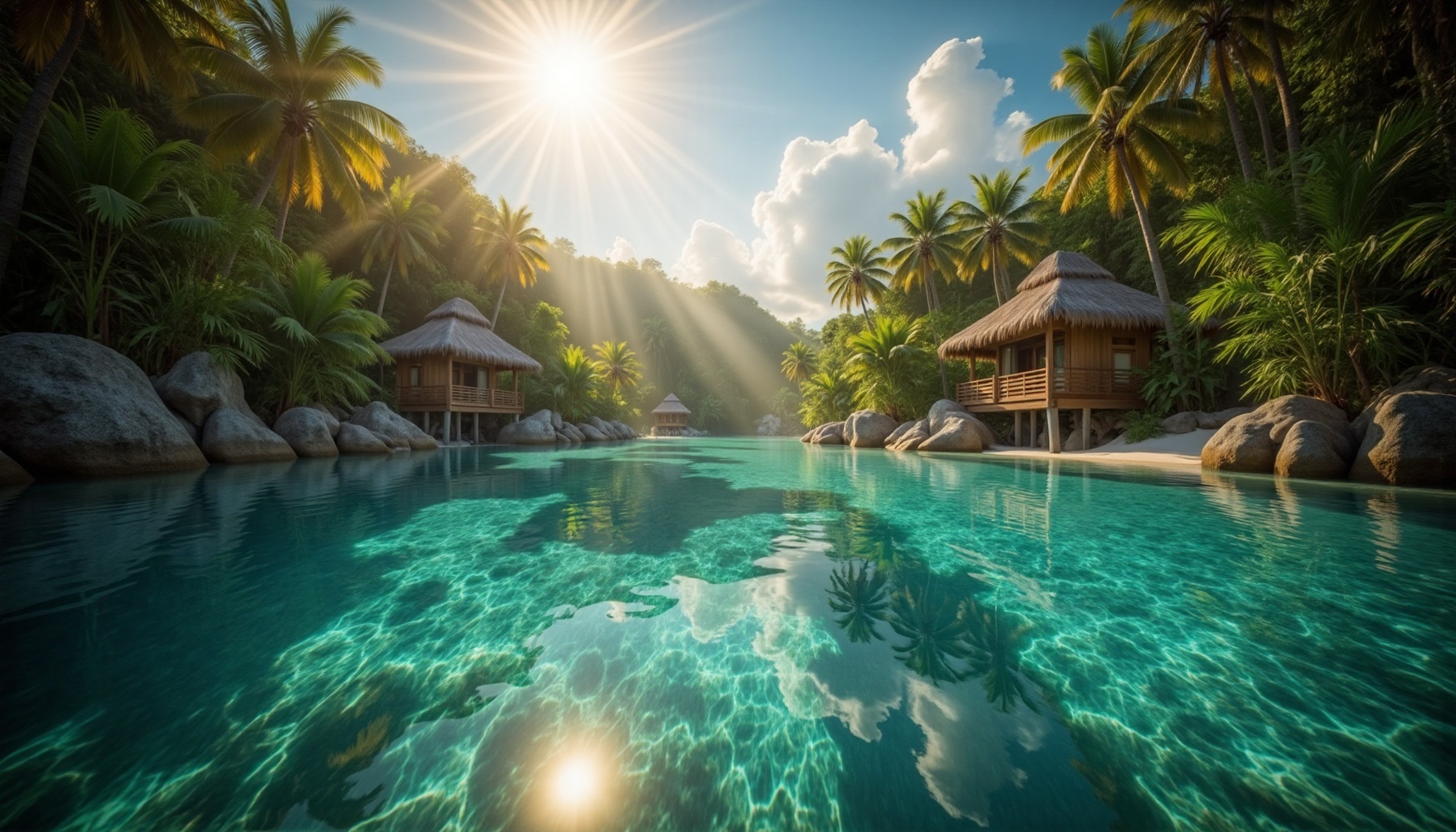 cinematic style,  Ultra-detailed cinematic tropical paradise scene,  crystal-clear turquoise water revealing vivid underwa...