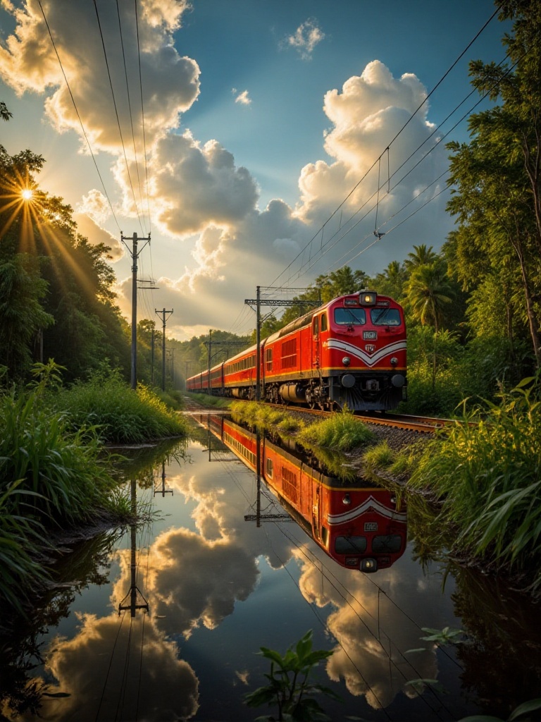 cinematic style,  a cinematic view of a countryside red train passing through lush green forests under a vivid blue sky fi...