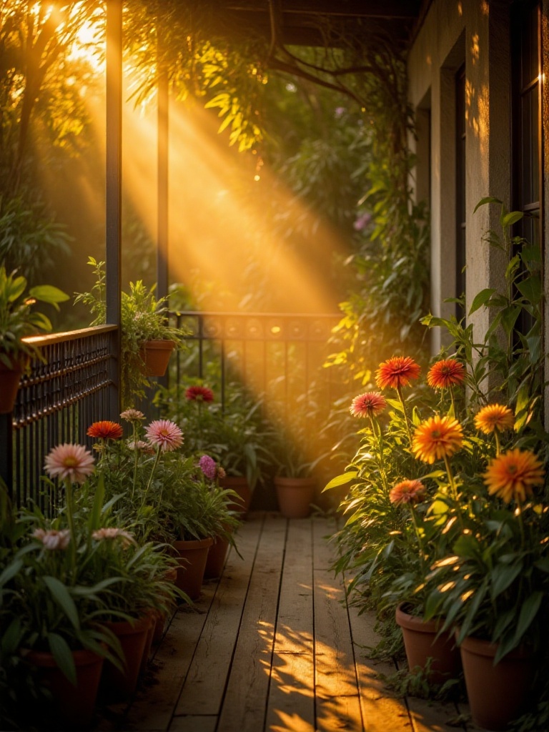 cinematic style,  a sun-drenched balcony garden in the golden hour,  overflowing with vibrant blooming flowers in pots and...