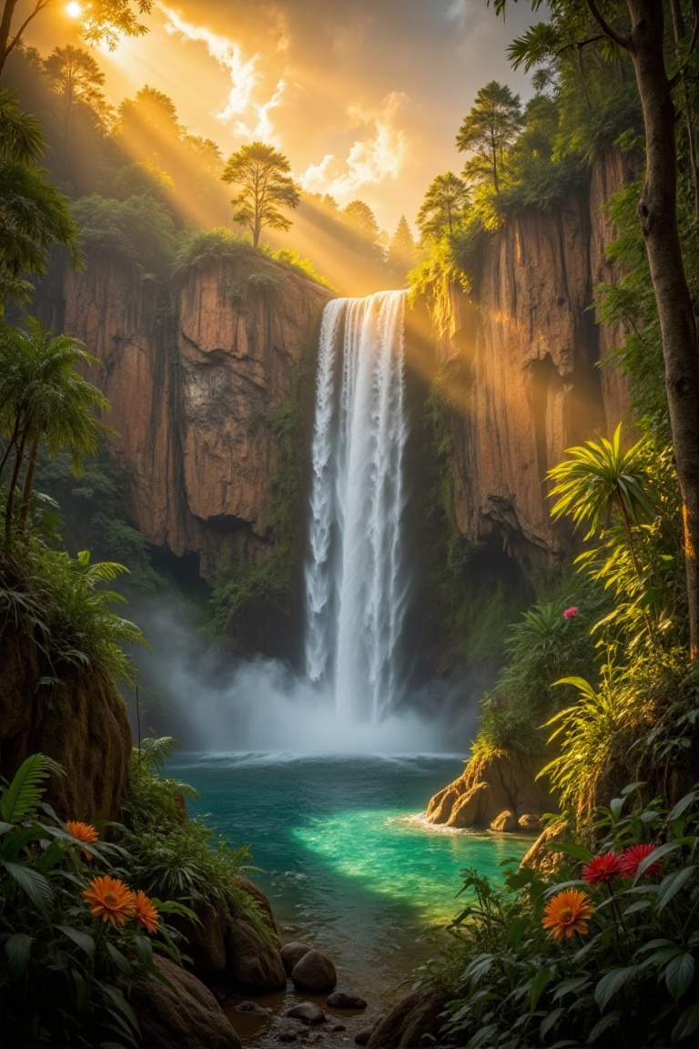 cinematic style,  A breathtaking cinematic landscape with a tall majestic waterfall cascading down a high cliff into a cry...