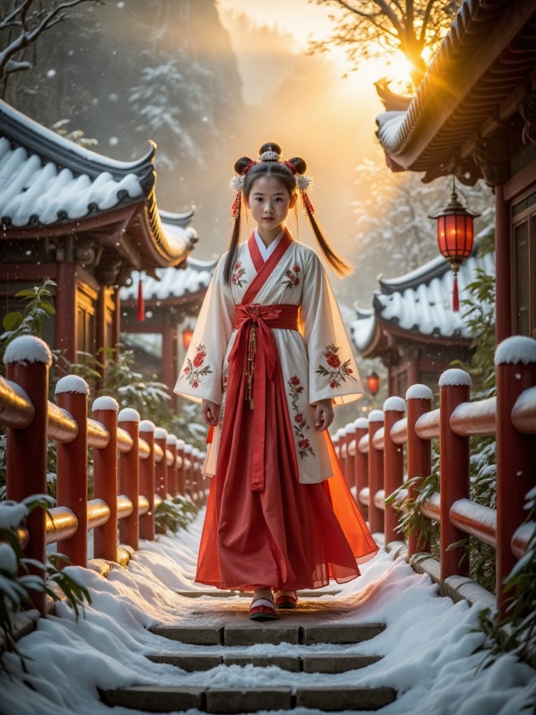 cinematic style,  a cinematic scene of a traditional East Asian snow village,  a young girl wearing an elaborate hanfu wit...