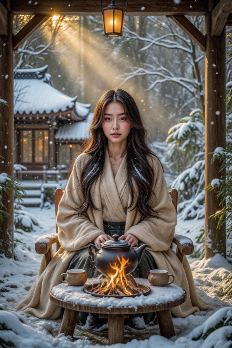 cinematic style,  A cinematic winter scene featuring a beautiful young woman with long flowing black hair,  sitting peacef...