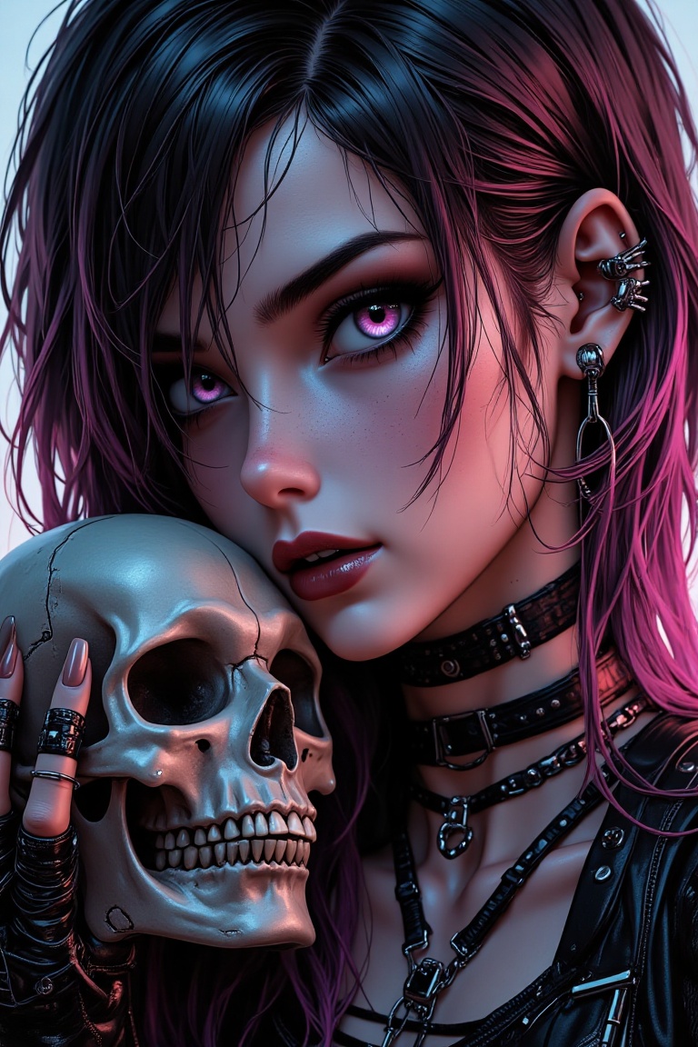 A gothic woman's cyberpunk hair glows against dark moody tones. Organic implants intricately weave on her skin holding a s...